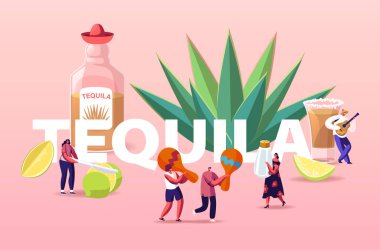 Tekila içen insanlar. Büyük Şişe ve Agave Azul Bitki Posteri 'nde Maracas, Tuz ve Limonlu Minik Karakterler