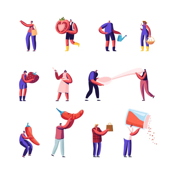 Conjunto de iconos pequeños personajes con productos enormes y cosas de cocina. La gente lleva tomate, chile rojo y fresa — Vector de stock