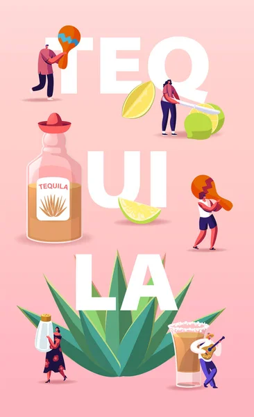 Ludzie pijący tequilę. Malutkie znaki z marakasem, solą i wapnem w ogromnej butelce i plakacie Agave Azul Plant — Wektor stockowy