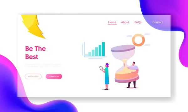 Plantilla de landing page de gestión del rendimiento. Hombre de negocios y mujer de negocios Caracter Stand en la carta de infografías — Archivo Imágenes Vectoriales