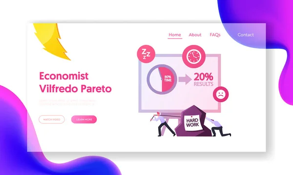 Plantilla de Landing Page de Pareto Law. 20 por ciento de esfuerzos y dar 80 de resultado. Pequeños personajes masculinos tirando de roca pesada — Vector de stock