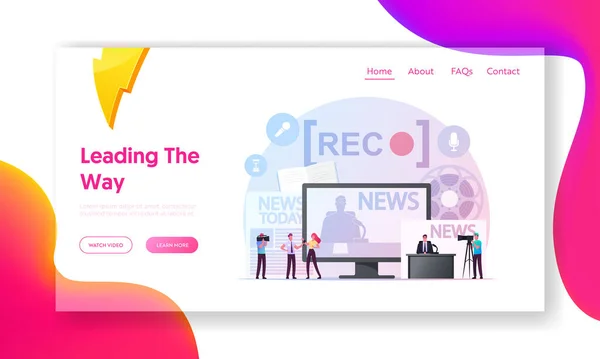 Reportaje Plantilla de Landing Page. Pequeño reportero o personaje de periodista entrevistando a una mujer en Huge Tv. Noticias Radiodifusión — Archivo Imágenes Vectoriales