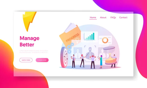 Performance Management Landing Page Template. Menschen Charaktere im Prozess der Sicherstellung, dass Aktivitäten und Ergebnisse die Ziele erreichen — Stockvektor