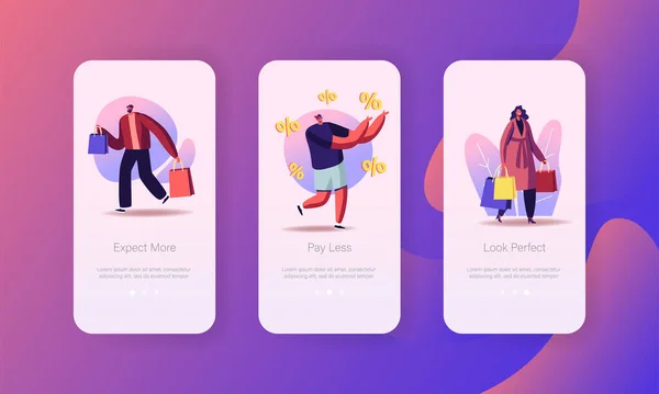 Saisonverkauf, Discount Mobile App Seite Onboard Screen Template. Winzige Leute kaufen Geschenke. Käufer haben Einkaufsspaß — Stockvektor