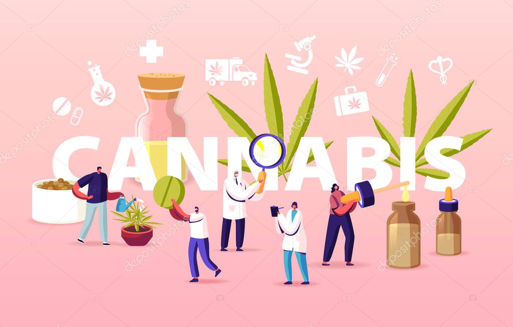Cannabis Recipe for Personal Use Concept. Scientist Characters Growing Medical Cannabis and Preparing Homeopathic Drugs