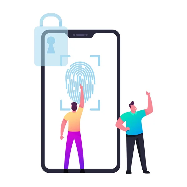Verificatie, Cyberbeveiliging. Man Karakter Stand op Enorme Mobiele Telefoon met Slot Symbool Touching Screen voor Finger Scan — Stockvector