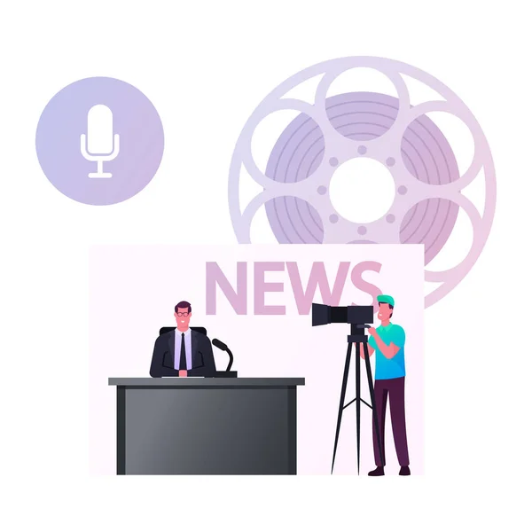 Reportage, Live News im Broadcasting Production Studio. Massenmedienfernsehen mit Fernsehmoderator und Kameramann — Stockvektor