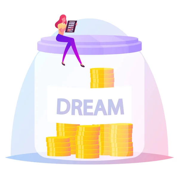 Girl with Abacus in Hands Sitting on Huge Glass Jar with Stack of Gold Coins Inside. Woman Collecting Money on Dream — Stock Vector