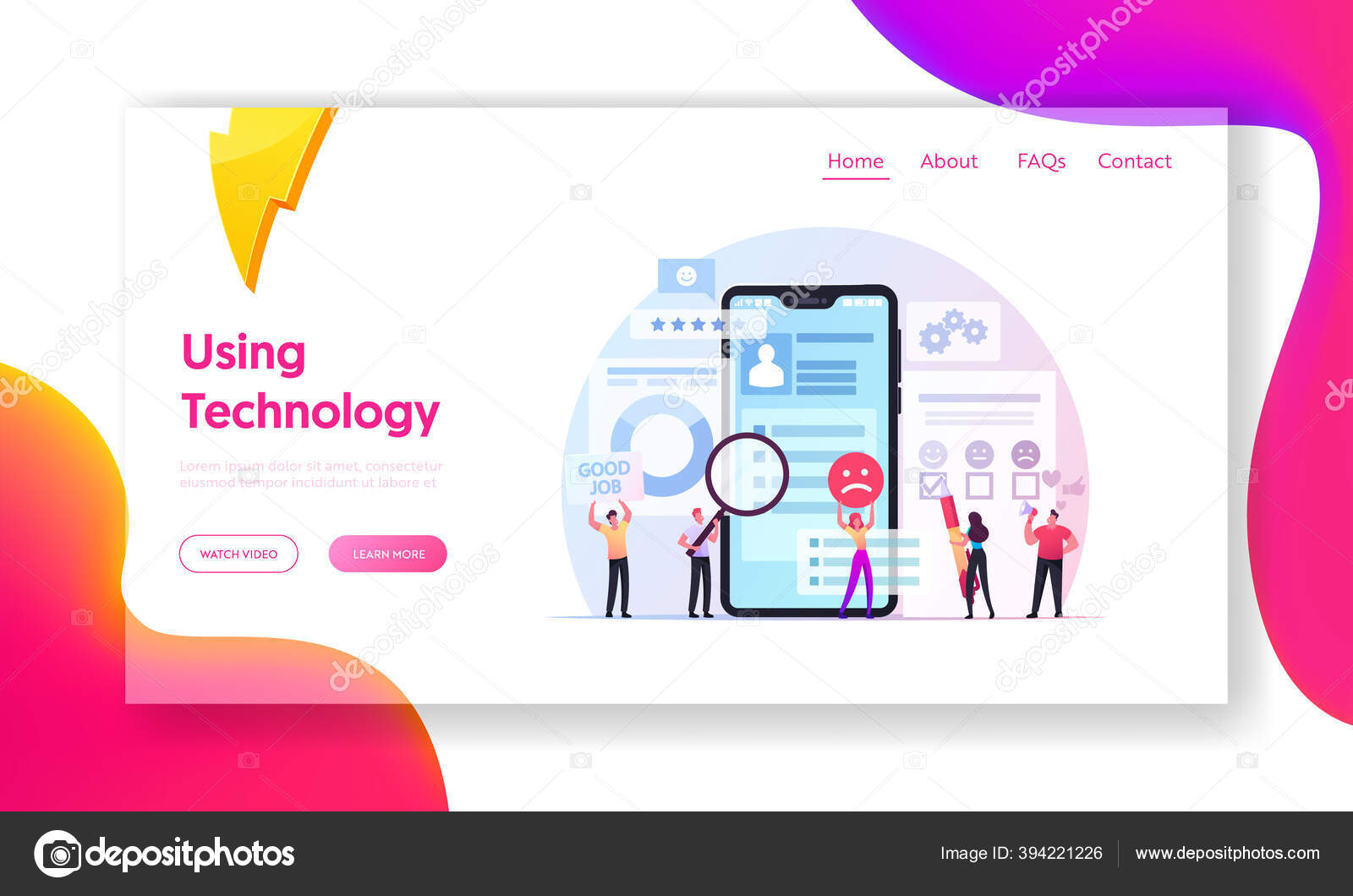 사용자 경험, 고객 리뷰, 레이싱 랜딩 페이지 템플릿. 작은 사람들이 거대 한 모바일 앱인 Feedback 에 별표를 넣다 스톡 벡터  - ©vectorlab 394221226
