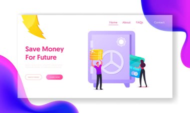 İnsanlar para topluyor, Tasarruf İniş Sayfası Şablonu oluşturuyor. Minik Karakterler Bozuk Para ve Kartı Güvenli Koyuyor. Para Güvenliği
