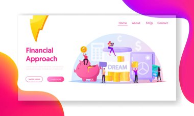 Finans Bütçesi İniş Şablonu. Küçük Karakterler Büyük Domuz Kumbarası 'na Bozuk Para Alıyor, Güvenli ve Jar Tasarruf, Topla Para