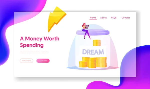 Frau sammelt Geld auf Dream Landing Page Template. Weibliche Figur sitzt auf riesigem Glasgefäß, finanzielle Ersparnisse — Stockvektor