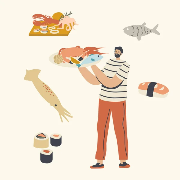 Asijské nebo středomořské kuchyně, Charakter nést tác s mořskými plody v rukou Prezentace krab, ryby a krevety mořské produkty — Stockový vektor