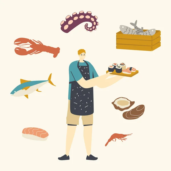 Hombre Personaje Cocina Japón Alimentos Mariscos Presentando Sushi y Rollos. Productos del Mar, Hombre de Delantal Preparando Cocina Asiática — Vector de stock