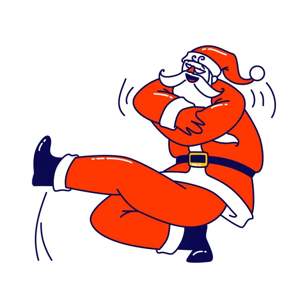 Père Noël cosaque dansant en position accroupie. Caractère de Noël en costume traditionnel rouge Exécuter la danse à la fête — Image vectorielle
