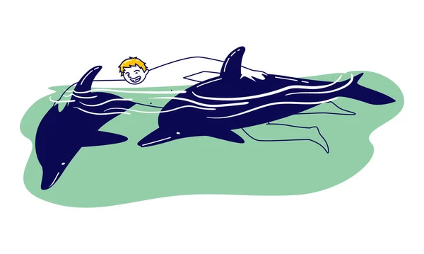 Personaje Masculino Jugando con Delfines Sujetándolos por Aletas Nadando en el Mar o el Océano. Comunicación con animales submarinos — Vector de stock