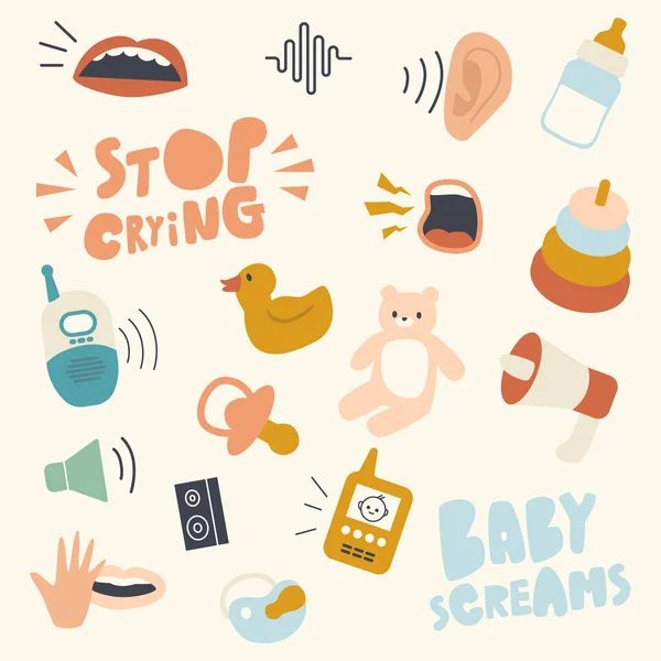 Icons Set, Child Themed Background with Baby Crying and Stop Scream Typography, Pacifier, Baby Monitor and Soft Bear — Stock Vector