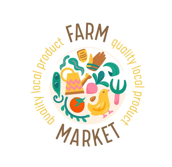 Bandeira do mercado agrícola com legumes e pintinho. Produção orgânica natural ecológica Publicidade Cartaz de agricultor promocional —  Vetores de Stock