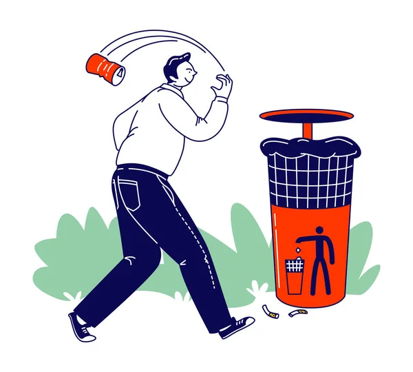 Безвідповідальний громадянин, який проходить через Litter Bin кидає сміття на знак попередження про ігнорування землі. людської поведінки — стоковий вектор