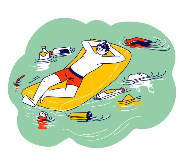 Personaje masculino flotando en el colchón inflable en el agua del mar o del océano con la basura alrededor. Contaminación de la Naturaleza, Hombre Relajante — Vector de stock