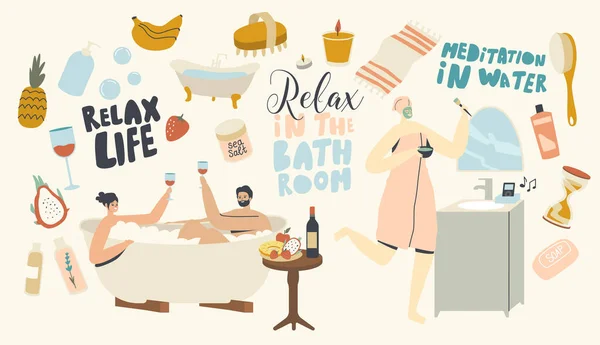 Giovane coppia rilassarsi in bagno con schiuma bere vino Prendendo Sauna e Spa procedura di acqua. Relax, Luna di miele Data — Vettoriale Stock
