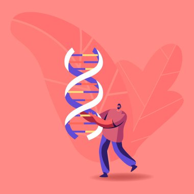 Minik Erkek Karakteri, Büyük DNA sarmalı taşıyor. Doktor Uygulama Laboratuvarı Genetik Araştırma, Tıp Testi, Antropoloji