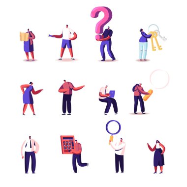 Dev Harita, El feneri ve Soru İşareti, Anahtarlar, Dizüstü bilgisayar ve Büyüteçle Küçük Erkek ve Kadın Karakterleri