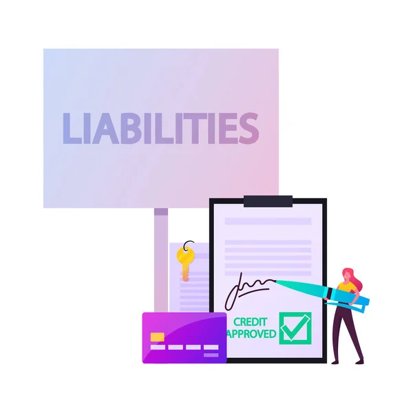 Liabilities Concept. Tiny Female Character Signing Debentures Document Stand at Huge Credit Card and Paper with Key — Stock Vector