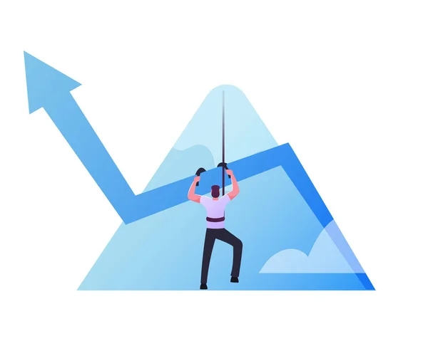 Бизнесмен взбирается на вершину горы на веревке с растущей диаграммой стрелки, бизнесмен стремится взять новую высоту карьеры. — стоковый вектор