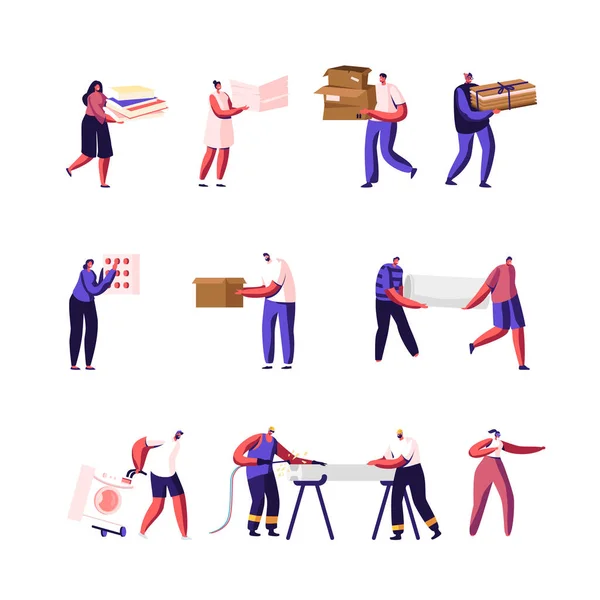 Conjunto de personajes masculinos y femeninos recogiendo papelera y chatarra metálica para el reciclaje. Personas con cajas y hojas usadas — Vector de stock