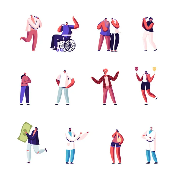 Set di minuscoli personaggi maschili e femminili che cantano nel Karaoke Bar, donna con enorme fattura, ipocrisia e disabilità — Vettoriale Stock