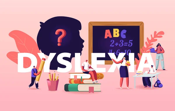 Dyslexie. Děti Postavy Poslouchat Učitel ve třídě před tabulí s celiny kolem ve zvláštní škole — Stockový vektor