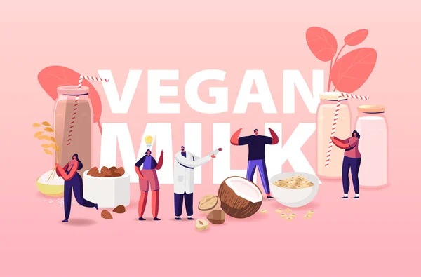 Vegansk mjölkkoncept. Karaktärer med sortiment av ekologiska icke-mejeridrycker från nötter, havregryn, ris och soja. Hälsovård — Stock vektor