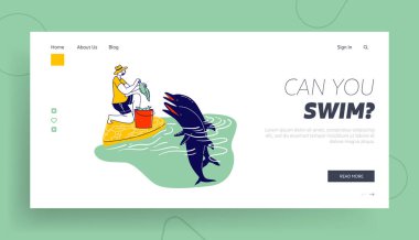 Taze Balık İniş Sayfası Şablonu ile Yunusları Besleyen Erkek Karakter. Hayvanlarla İletişim, Gevşetilmiş Boş Zaman