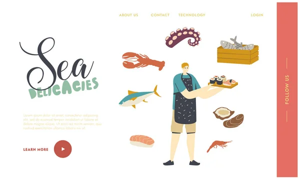 Sea Products, Asian Cuisine Landing Page Template. Muž Vaření Japonsko Potraviny Seafood Sushi and Rolls, Domácí aktivita — Stockový vektor