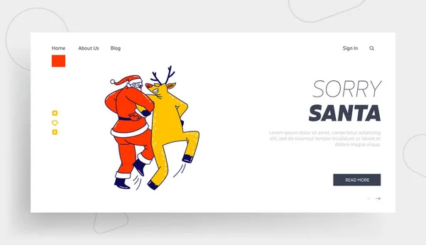 Jultomten och renar Dancing Holding händer Landning Page Template. Julkaraktär i kostym Utför rolig dans — Stock vektor