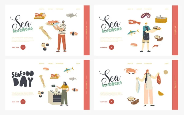 Menschen Kochen Meeresfrüchte Landing Page Template Set. Charaktere bereiten Delikatessen wie Fisch, Krabben, Kraken mit Tintenfisch zu — Stockvektor