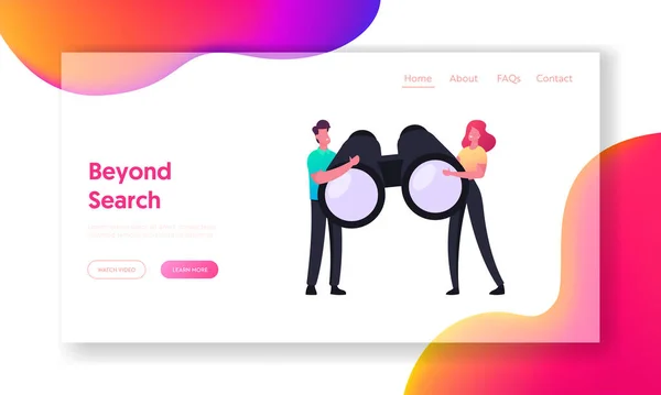 Business Vision, Research Landing Page Template (em inglês). Personagens minúsculos segurando binóculos enormes, previsão visionária — Vetor de Stock