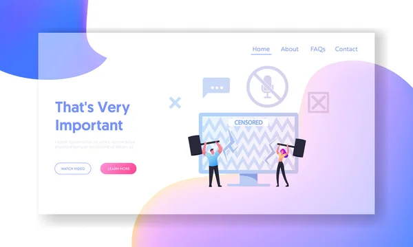 People Fight for Global Speech and Information Freedom Landing Page Template Tiny Characters Hit Censored Info on Screen — Stockový vektor