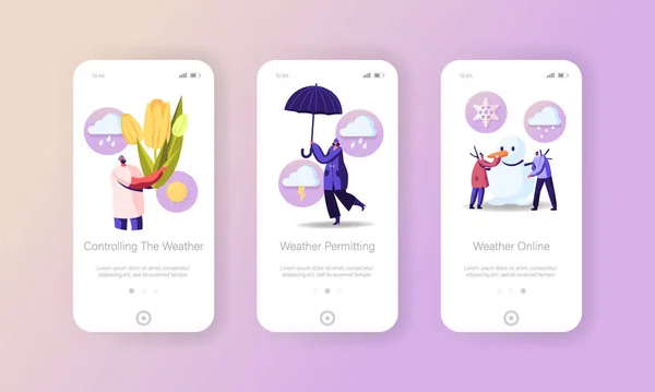 春と気候変動の凍結モバイルアプリページオンボード画面テンプレート。花で歩く小さなキャラクター,雪 — ストックベクタ