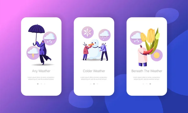 Шаблон экрана мобильного приложения "Весенняя или зимняя погода". Крошечный персонаж, держащий огромный цветок тюльпана, делает снеговика — стоковый вектор