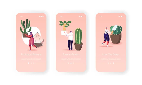 Personer som tar hand om dekorativa växter hemma Mobile App Page Onboard Screen Mall. Små tecken plantera blommor — Stock vektor