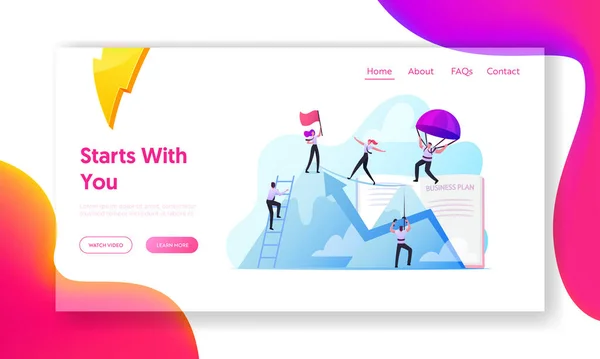 Personajes New Heights, plantilla de landing page de trabajo en equipo. Gente de negocios Escalando en el pico de la montaña, caminando sobre la cuerda — Vector de stock