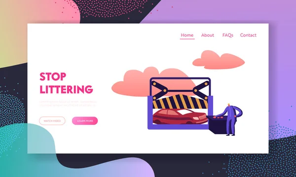 Sucata Metal Utilização Landing Page Template. Caráter Masculino Mecânico Trabalhando em Scrapyard Pressionando Velhos Carros Caídos — Vetor de Stock