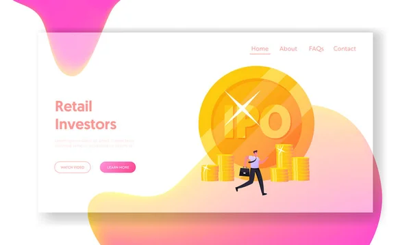 Plantilla de landing page de oferta pública inicial. Pequeño empresario Hombre Carácter o comerciante Pasando por Enorme Moneda con IPO — Vector de stock