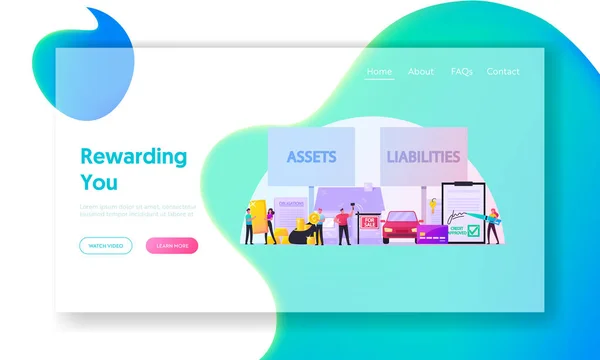 Attivo e passivo Landing Page Template. Piccoli personaggi condividono proprietà su redditizio e non redditizio. Auto, Credito — Vettoriale Stock