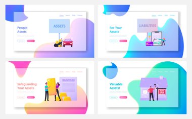 Assets and Liabilities Landing Page Template Set. Tiny Characters Share Property on Profitable and Unprofitable Value clipart
