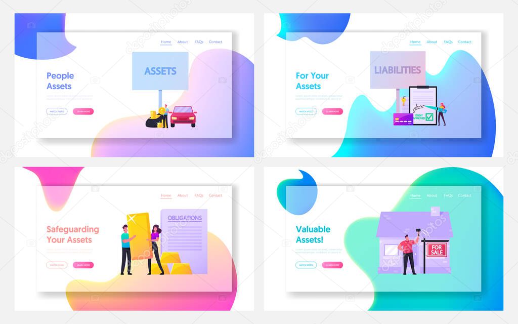 Assets and Liabilities Landing Page Template Set. Tiny Characters Share Property on Profitable and Unprofitable Value