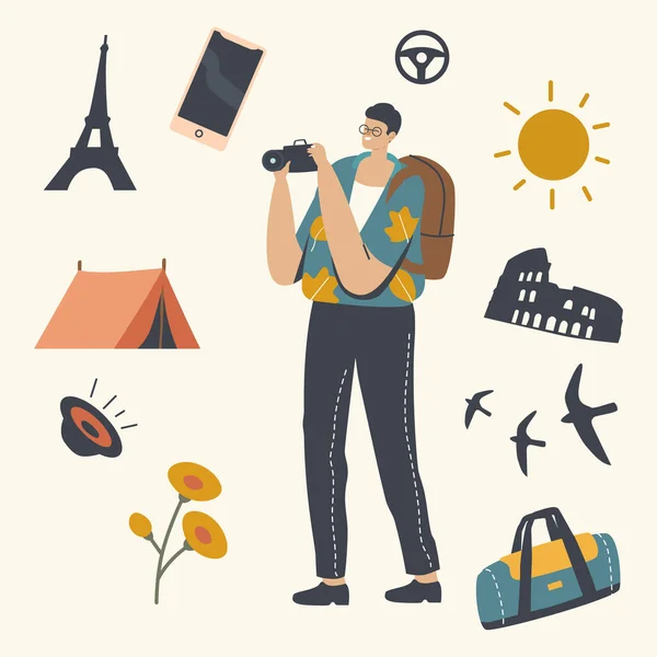 Tourist Making Picture on Photo Camera. Male Character Traveling or Camping Spare Time. Car Travel, Journey Abroad — Stock Vector