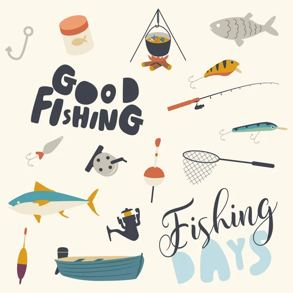 Σύνολο Fishing Icons Σκάφος, Rod and Net με ψάρια, Campfire με Cauldron και σούπα. Δόλωμα, Hook Tackle σε λευκό φόντο — Διανυσματικό Αρχείο